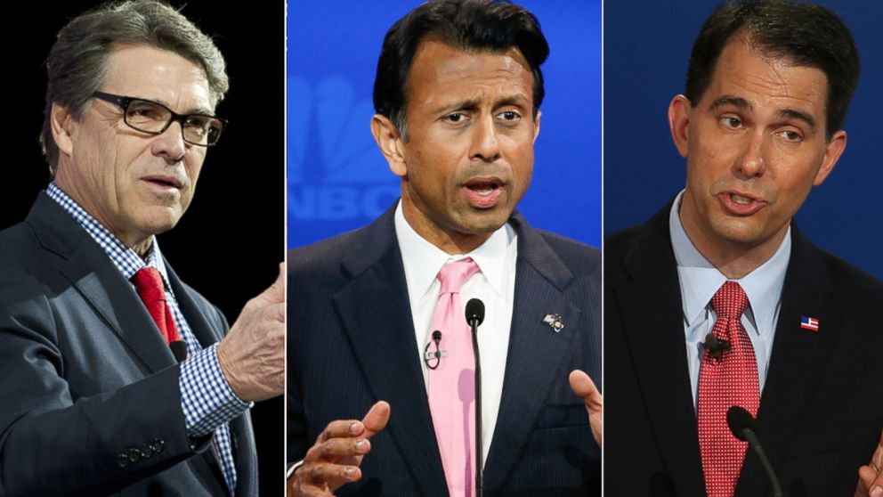 Rick Perry speaks at an event, Oct. 27, 2014 in Plano, Texas. Bobby Jindal speaks at the presidential debates in Boulder, Colo.,Oct. 28, 2015. Scott Walker speaks at the presidential debates, Sept. 16, 2015, in Simi Valley, Calif.