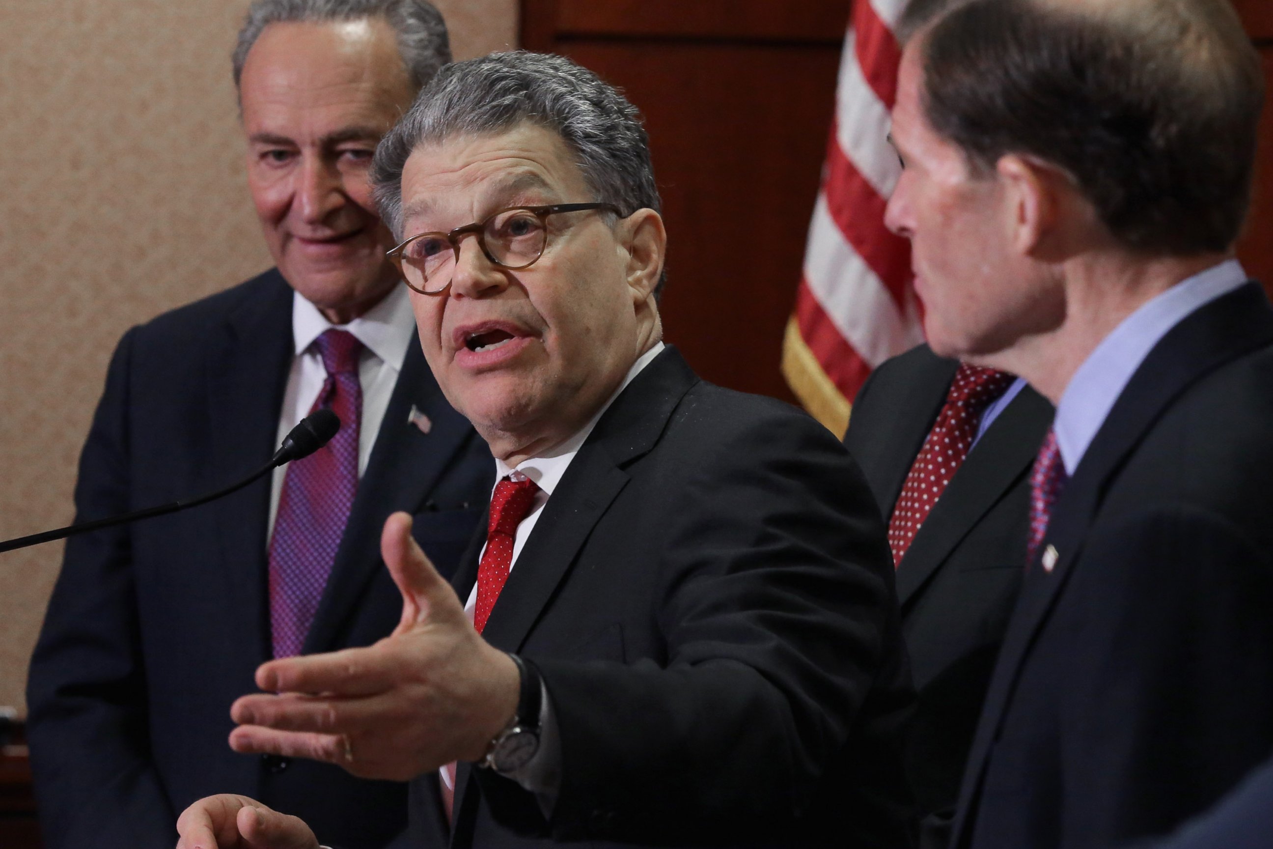 PHOTO:Sen. Al Franken is joined by Sen. Charles Schumer and Sen. Richard Blumenthal during a rally demanding that Senate Republicans give a Supreme Court nominee a fair hearing and vote at the U.S. Capitol, Feb. 24, 2016, in Washington.  