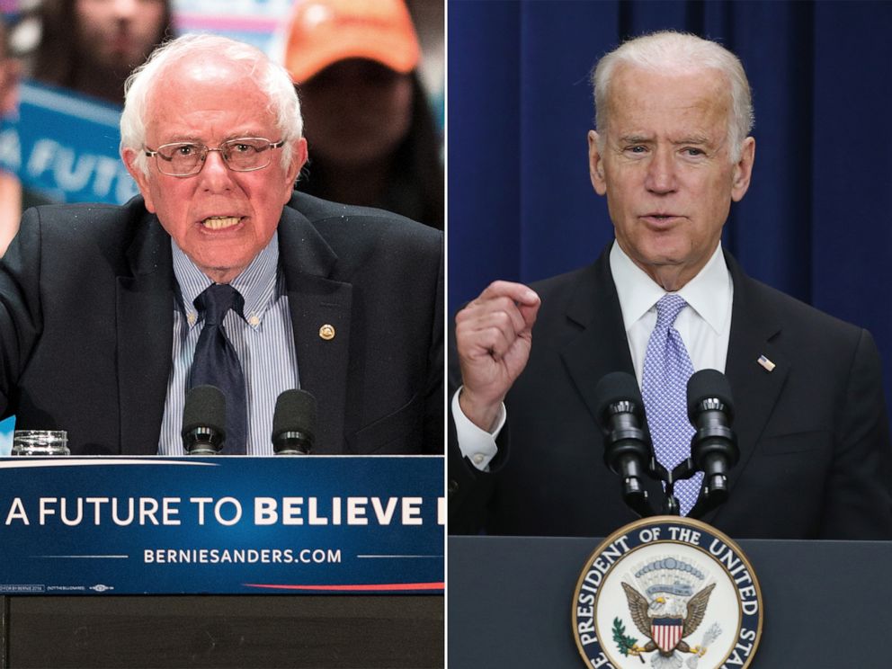 PHOTO: Sen. Bernie Sanders, left, speaks at a campaign stop, April 21, 2016, in Scranton, Pa. Vice President Joe Biden speaks on April 14, 2016, in Washington.