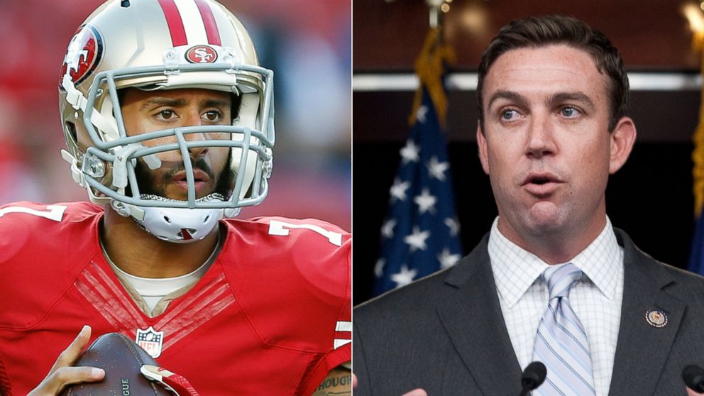 Colin Kaepernick warms up prior to an NFL football, Oct. 22, 2015 in Santa Clara, California. | Duncan Hunter, participates in a news conference, Oct. 13, 2011. 