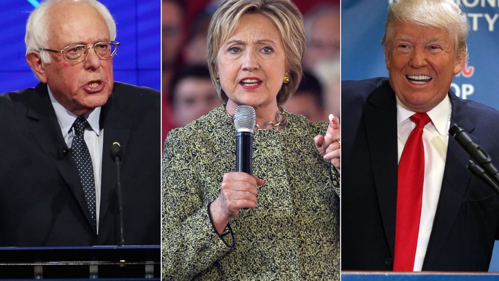 Bernie Sanders at a presidential primary debate, April 14, 2016, in New York. Hillary Clinton at a campaign rally, April 17, 2016, in Staten Island, New York. Donald Trump speaks at a fundraiser, April 17, 2016. in  Staten Island, New York.