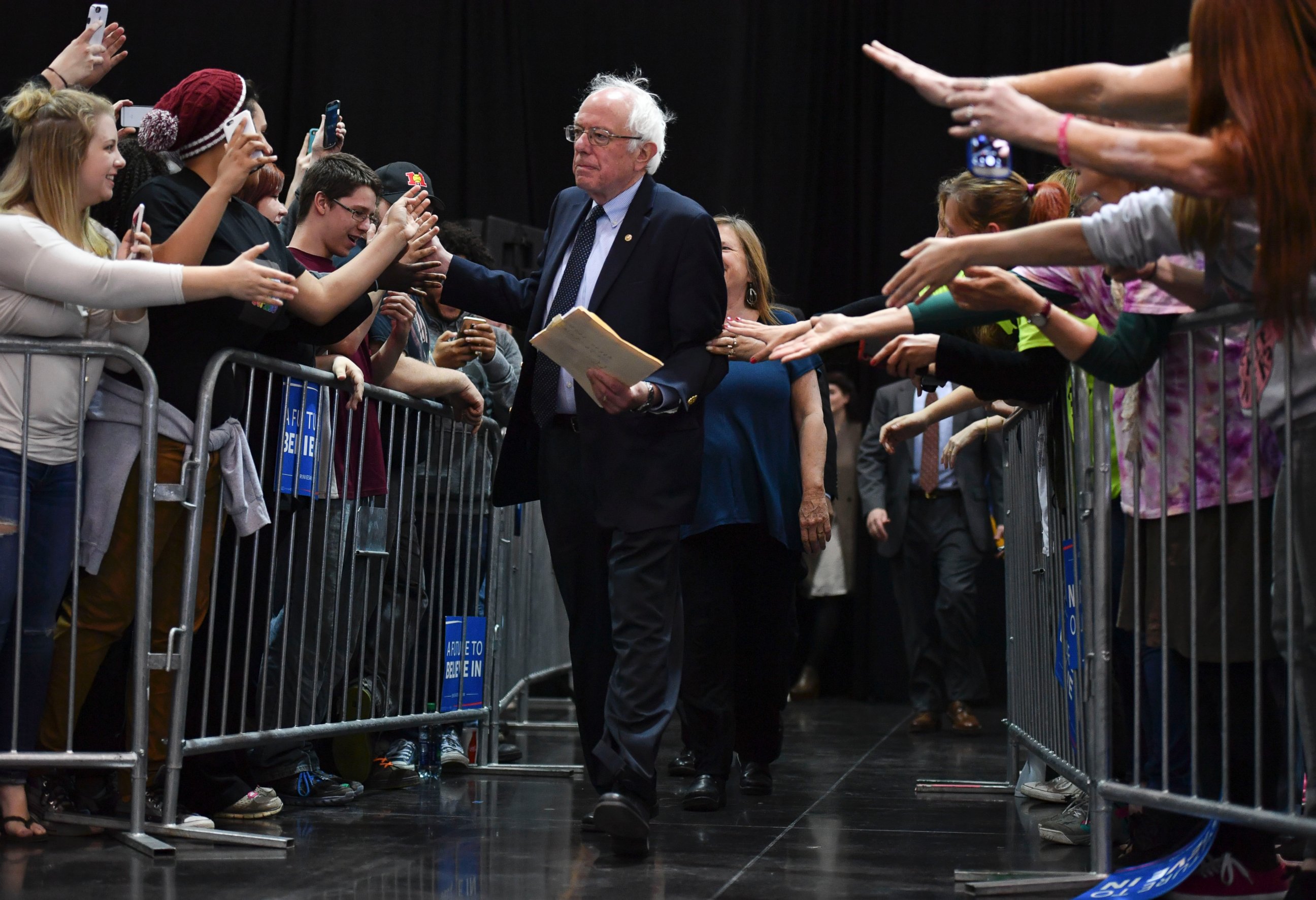 PHOTO: Democratic presidential candidate Sen. Bernie Sanders walks to the stage before addressing his supporters during a rally at the Bayfront Convention Center on April 19, 2016, in Erie, PA.