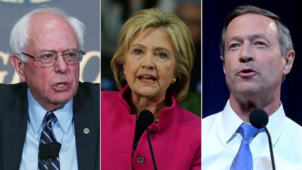 PHOTO: Pictured (L-R) are Democratic Presidential candidates Sen. Bernie Sanders in Washington, Nov. 19, 2015, Hillary Clinton in Salem, N.H., Dec. 8, 2015 and Martin O'Malley in Manchester, N.H., Nov. 29, 2015.
