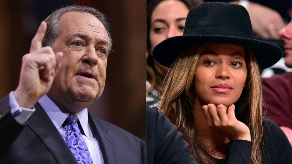 PHOTO: Former Arkansas Governor Mike Huckabee speaks at the Conservative Political Action Conference, March 7, 2014, in National Harbor, Md; Beyonce Knowles attends the Houston Rockets vs Brooklyn Nets game at Barclays Center, Jan. 12, 2015, in New York.