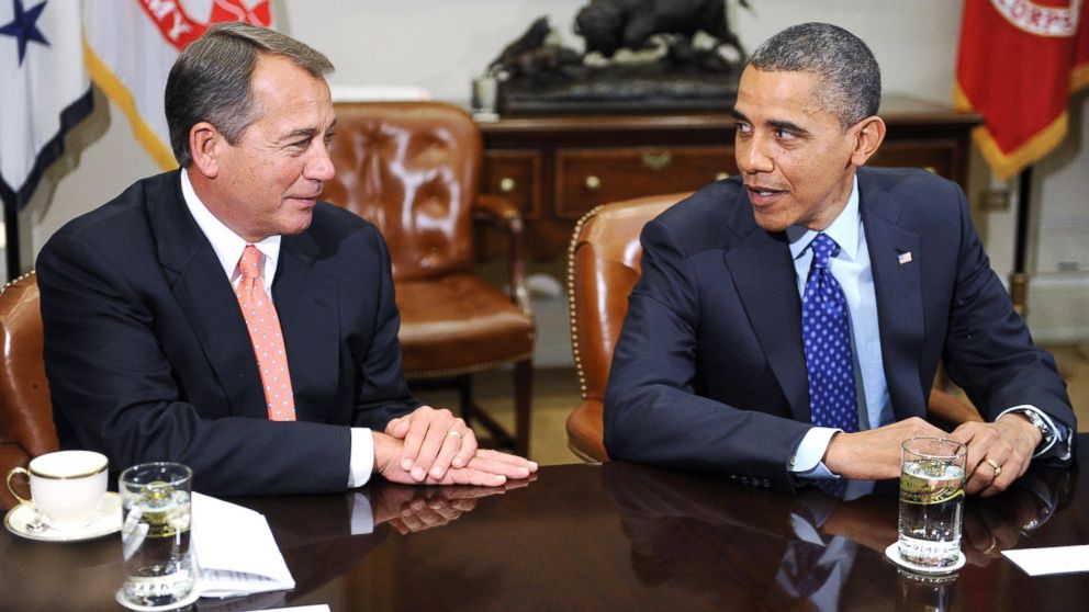 President Obama, right, sits with House Speaker John Boehner during a meeting with a bipartisan group of congressional leaders in the Roosevelt Room of the White House, Nov. 16, 2012, in Washington.