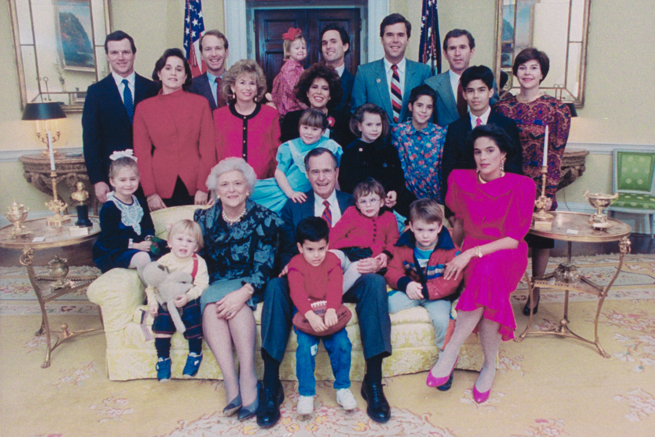 PHOTO: Pictured is the President George H.W. Bush family in the White House in Washington D.C. on Jan. 21, 1989. George P. Bush is pictured in the center row, to the right. 