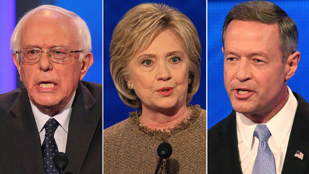 Sen. Bernie Sanders, Hillary Clinton and Martin O'Malley at the Democratic debate in Manchester, N.H., Dec. 19, 2015.