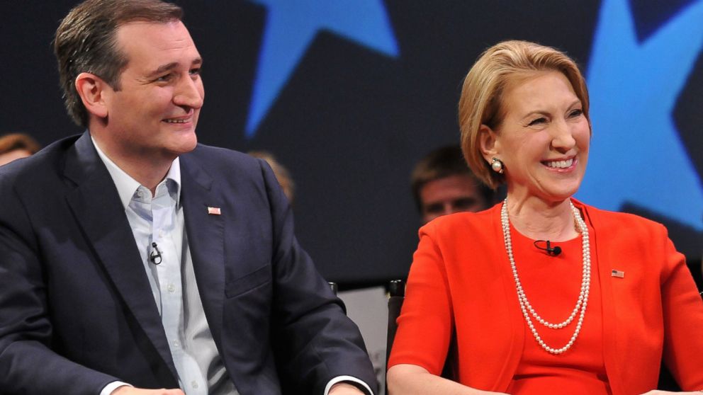 Republican presidential candidate Sen. Ted Cruz and former candidate Carly Fiorina in a discussion during a campaign rally, March 11, 2016, in Orlando, Fla. 