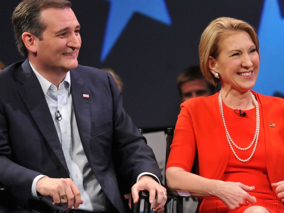 PHOTO:Republican presidential candidate Sen. Ted Cruz and former candidate Carly Fiorina in a discussion during a campaign rally, March 11, 2016, in Orlando, Fla.  