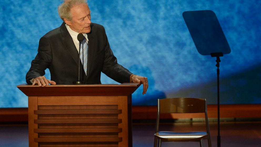 PHOTO:Clint Eastwood address a chair that he pretends has President Obama in it during his speech on the final day of the 2012 Republican National Convention, Aug. 30, 2012, in Tampa, Fla.  