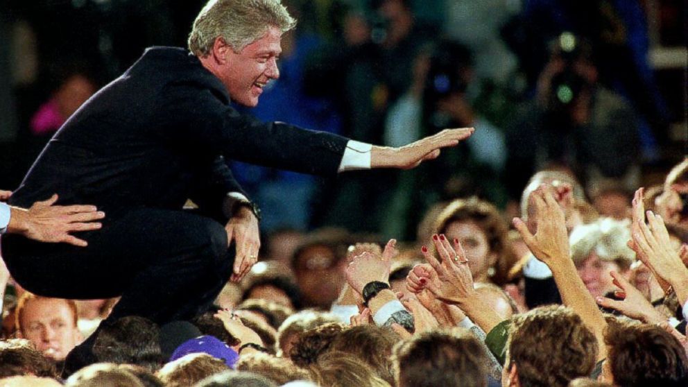 PHOTO: U.S. President-elect Bill Clinton greets the crowd after his victory speech in front of the Old State House in Little Rock, Ark. on Nov. 4, 1992.