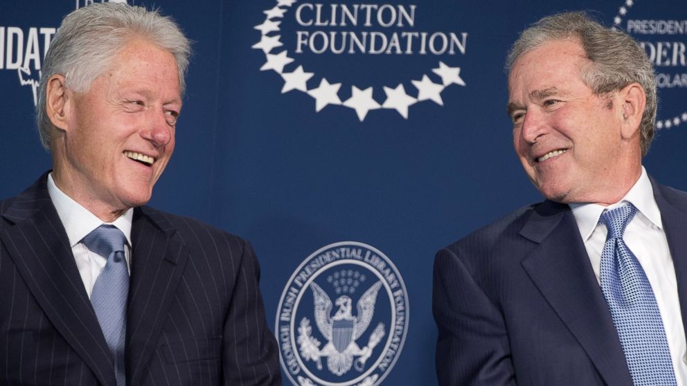 Former Presidents Bill Clinton and George W. Bush speak during the launch of the Presidential Leadership Scholars Program at the Newseum in Washington, Sept. 8, 2014. 