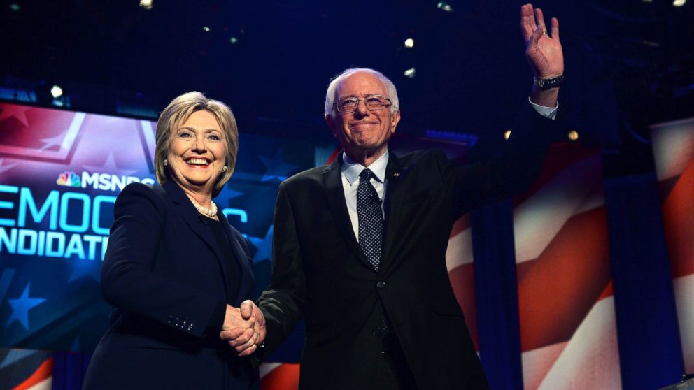 Hillary Clinton and Bernie Sanders shake hands before participating in the MSNBC Democratic Candidates Debate, Feb. 4, 2016.
