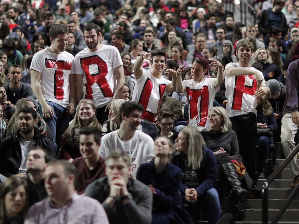 PHOTO: Liberty University students wear home made t-shirts spelling TRUMP while waiting for the arrival of Republican presidential candidate Donald Trump during a campaign rally, Jan. 18, 2016 in Lynchburg, Virginia.