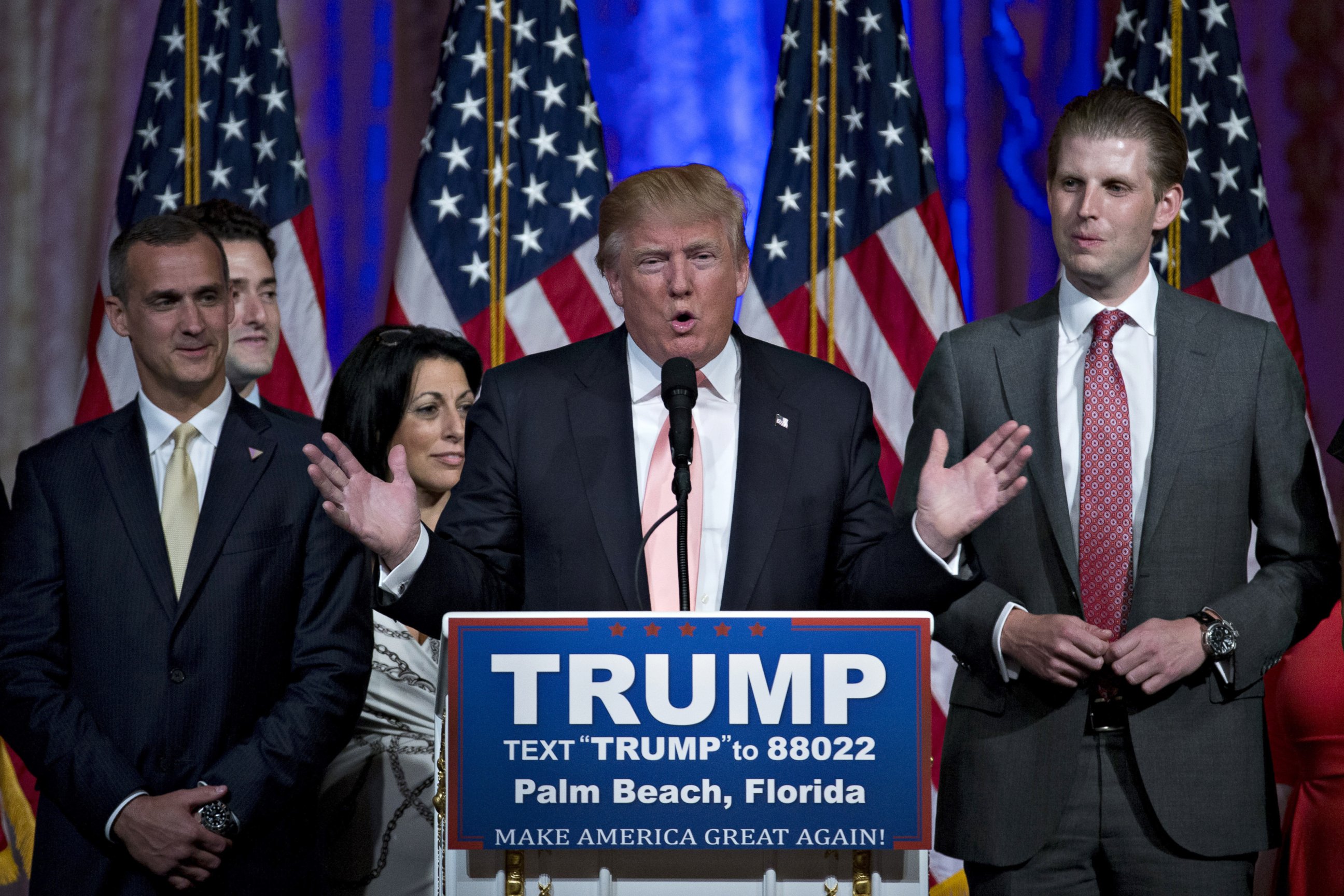 PHOTO: Donald Trump, center, speaks during a news conference with his son Eric Trump, right, and Corey Lewandowski, campaign manager for Trump, left, at the Mar-A-Lago Club in Palm Beach, Florida, March 15, 2016.