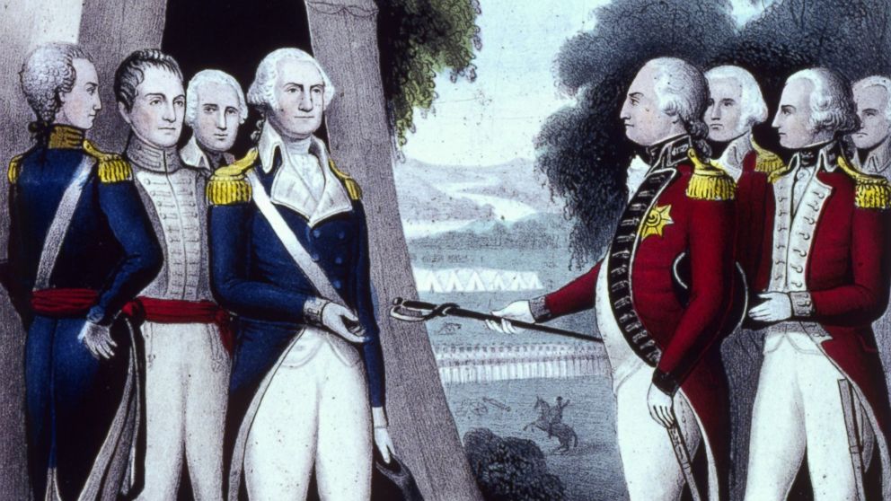 An idealized and somewhat historically inaccurate portrait is pictured of Lord Cornwallis handing over his sword in a gesture of surrender to George Washington after his defeat in Yorktown, Va. on Oct. 19, 1781. In reality, Cornwallis' second in command, Major General Charles O'Hara, surrendered his sword to Washington's second in command, Major General Benjamin Lincoln. 