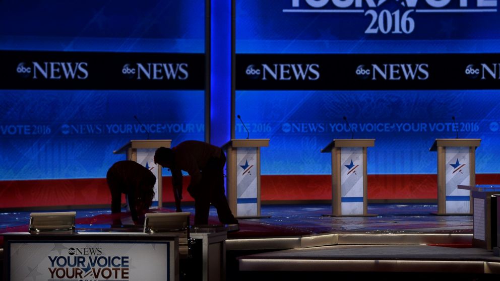 Preparations are underway on stage prior to the Republican Presidential Candidates Debate in Manchester, New Hampshire, Feb. 6, 2016.