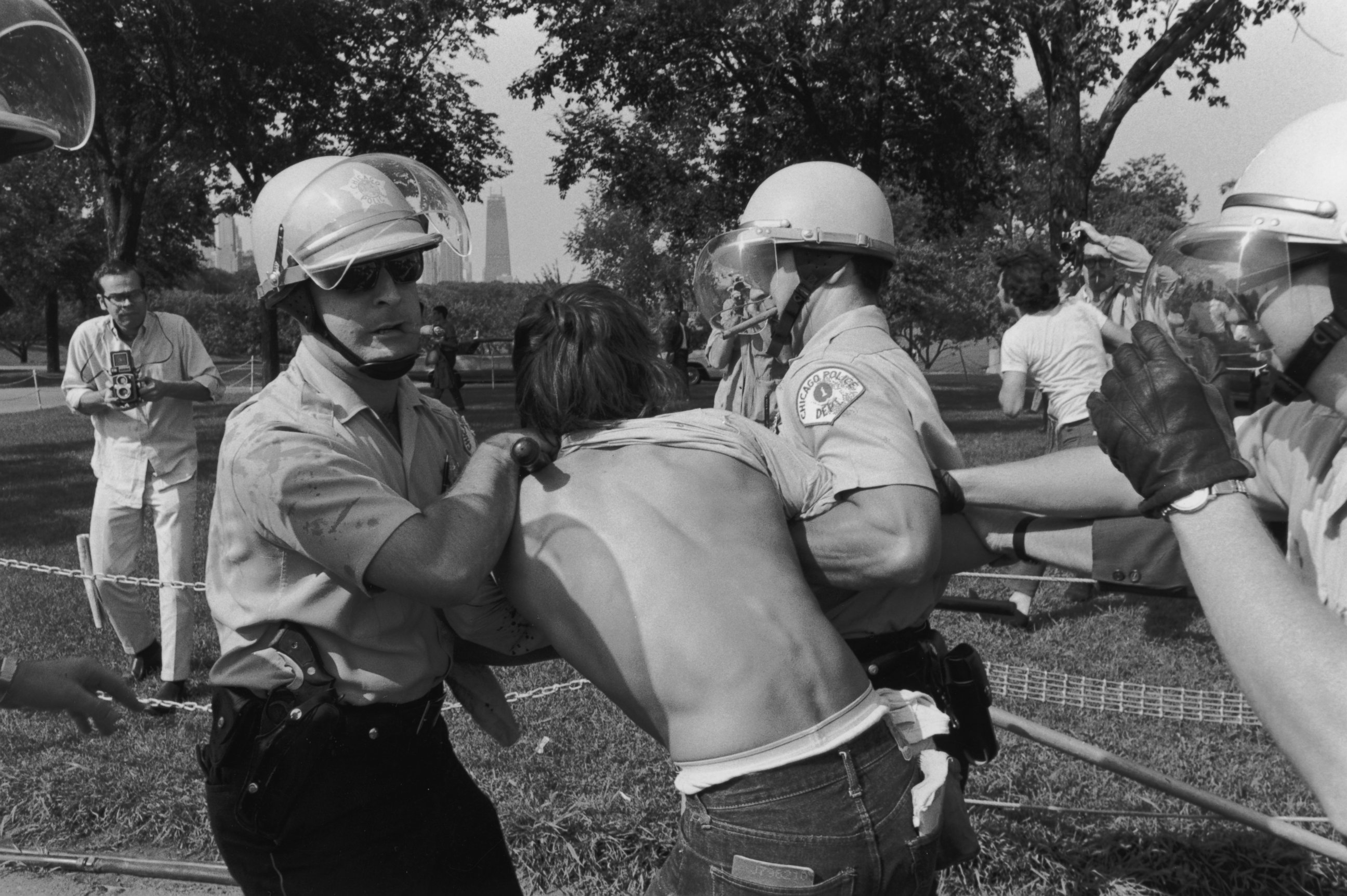 PHOTO: Police officers arrest a protester at a riot in Grant Park during the Democratic National Convention in Chicago, Aug. 28, 1968.