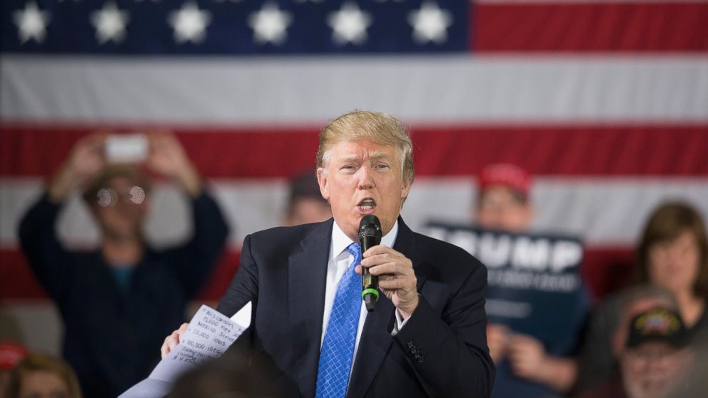 Donald Trump speaks to guests during a campaign rally, March 29, 2016, in Janesville, Wisconsin. 