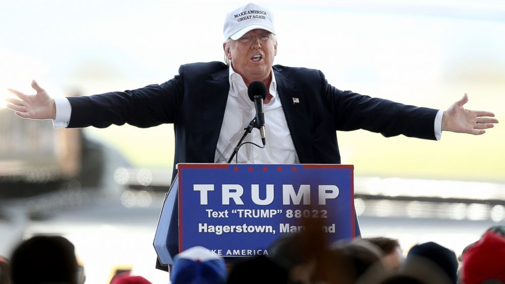 Republican presidential candidate Donald Trump speaks while campaigning at the Hagerstown airport, April 24, 2016 in Hagerstown, Maryland. Maryland holds their presidential primary on Tuesday, along with Delaware, Pennsylvania, Rhode Island and Connecticut.  