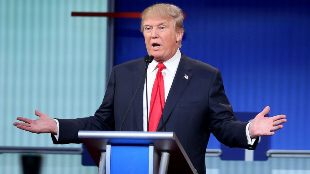 Republican presidential candidate Donald Trump fields a question during the first Republican presidential debate hosted by Fox News and Facebook at the Quicken Loans Arena, Aug. 6, 2015, in Cleveland.