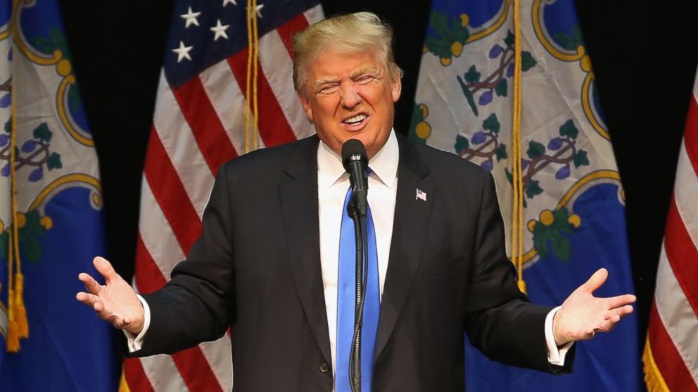 Republican Presidential frontrunner Donald Trump speaks at a campaign rally, April 23, 2016 in Waterbury, Conn.