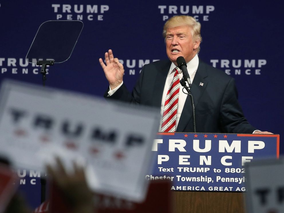 PHOTO: Republican presidential nominee Donald Trump speaks during a campaign rally at the Sun Center Studios, Sept. 22, 2016 in Aston, Pennsylvania.