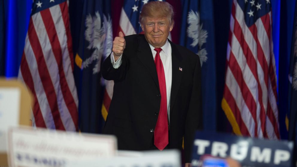 Donald Trump celebrates winning the South Carolina primary in Spartanburg, S.C., Feb. 20, 2016. 