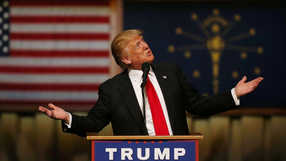 Republican presidential candidate Donald Trump speaks during a campaign stop at the Palladium at the Center for the Performing Arts, May 2, 2016, in Carmel, Ind.