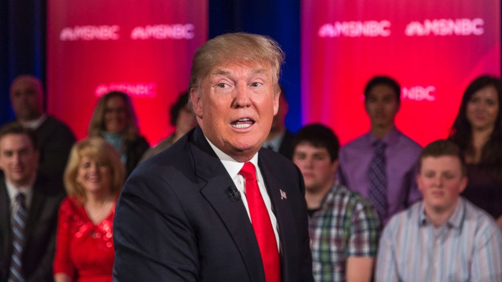 Republican Presidential candidate Donald Trump films a town hall meeting for MSNBC with Chris Matthews at the Weidner Center located on the University of Wisconsin-Green Bay campus, March 30, 2016, in Green Bay, Wisconsin. 
