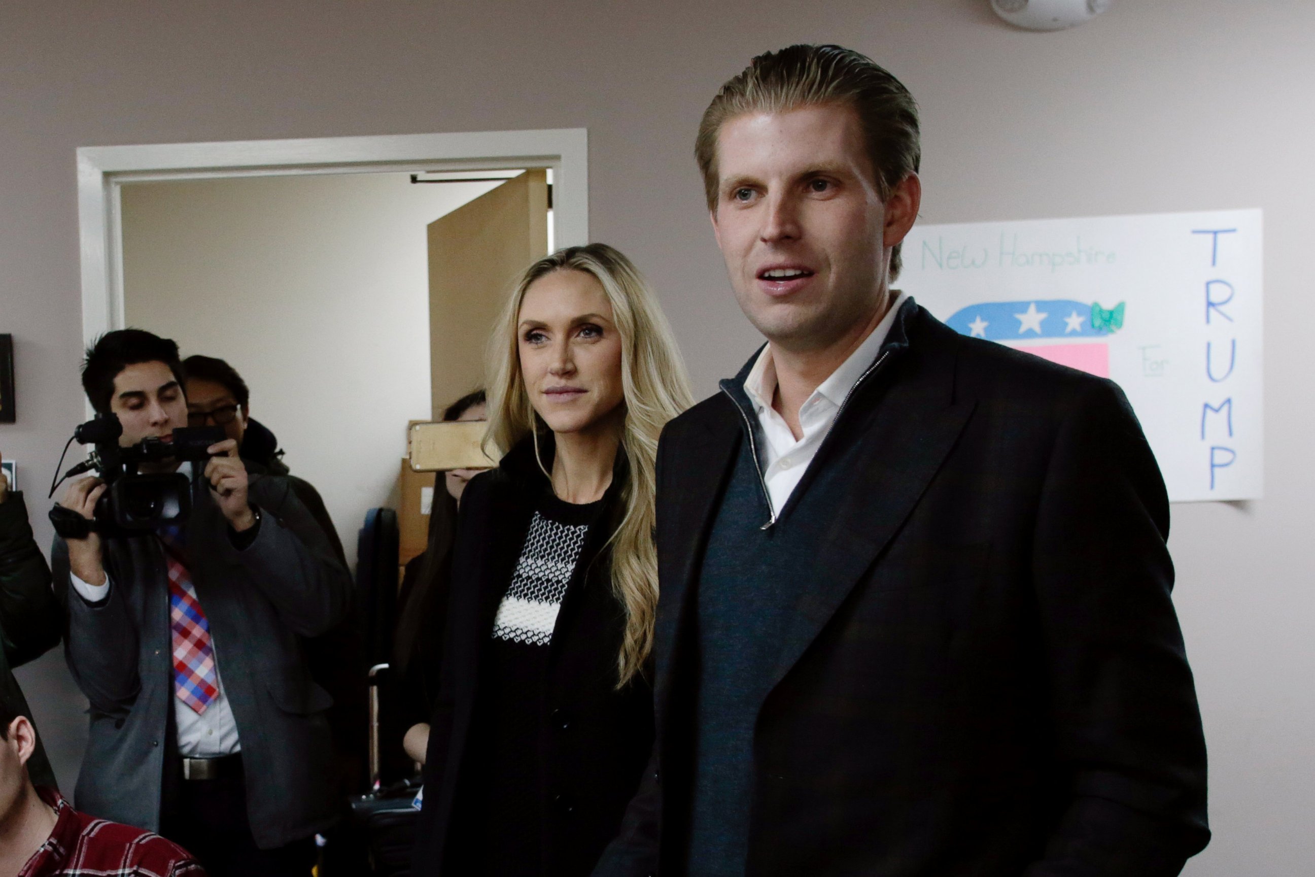 PHOTO:Eric Trump, right, son of Republican presidential candidate Donald Trump, along with wife Lara, thank volunteers as they make phone calls to New Hampshire voters at Trump's campaign office, Feb. 9, 2016 in Manchester, N.H. 