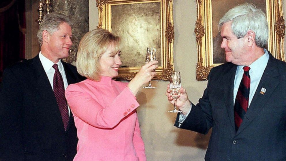 PHOTO: President Bill Clinotn and First Lady Hillary Clinton toast with Speaker of the House Newt Gingrich during the inaugural luncheon at the Capitol in Washington, Jan. 20, 1997.