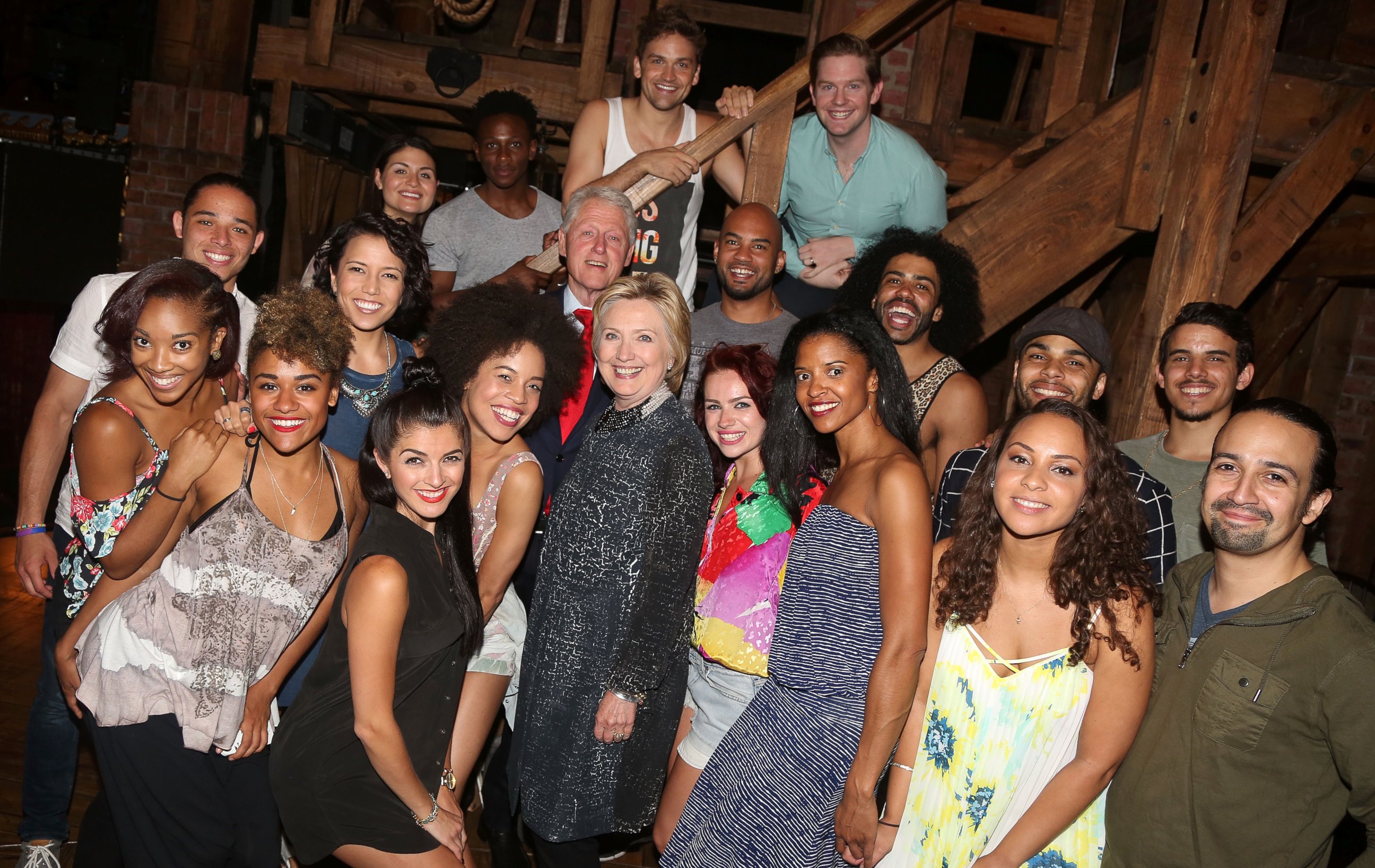 PHOTO: Hillary Clinton, Bill Clinton and Lin-Manuel Miranda pose backstage with the cast at the hit musical "Hamilton" on Broadway, July 2, 2016, in New York City.