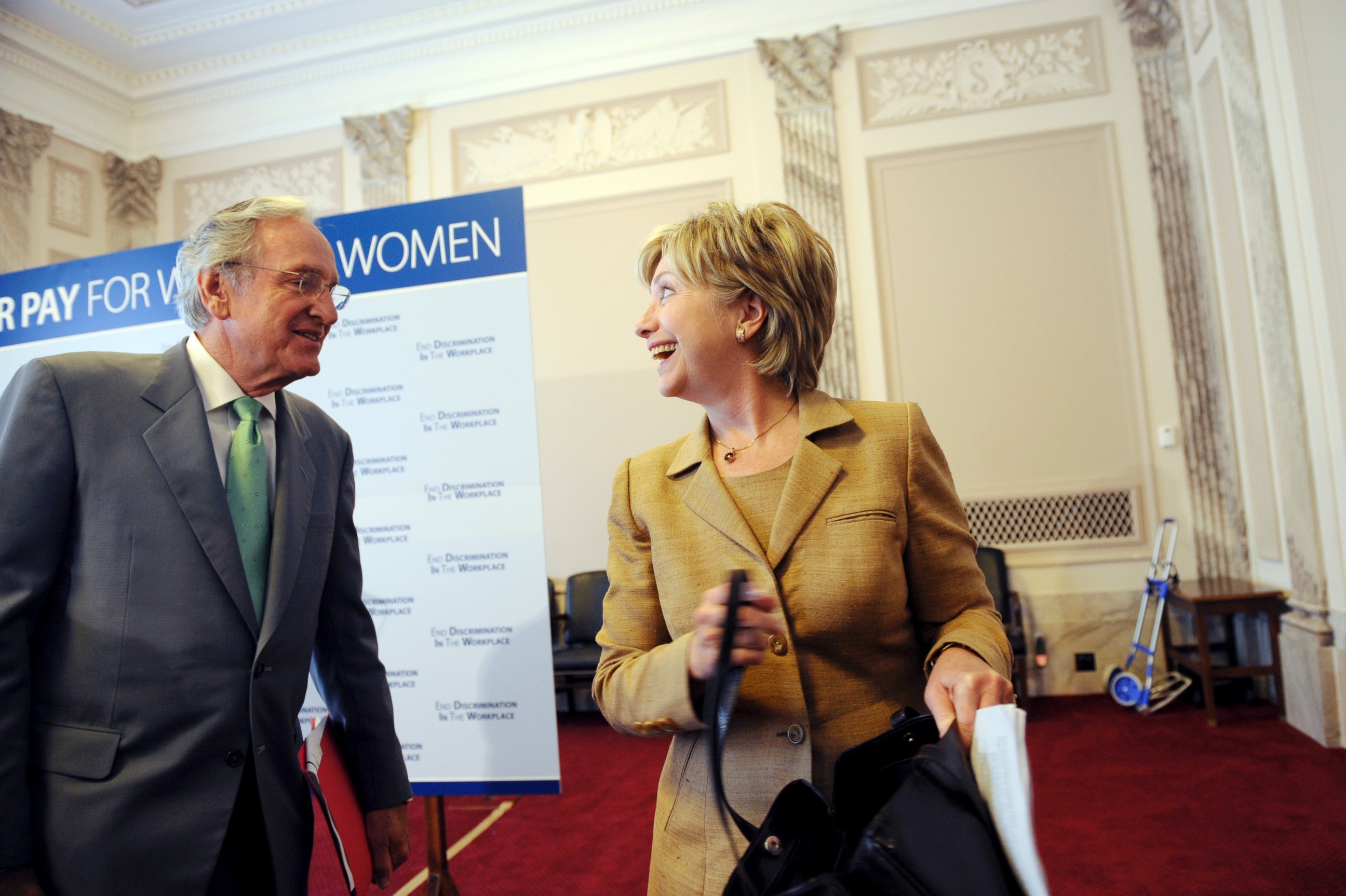PHOTO: Sen. Tom Harkin, D-Iowa, and Hillary Clinton, leave a news conference in this Sept. 10, 2008 file photo.