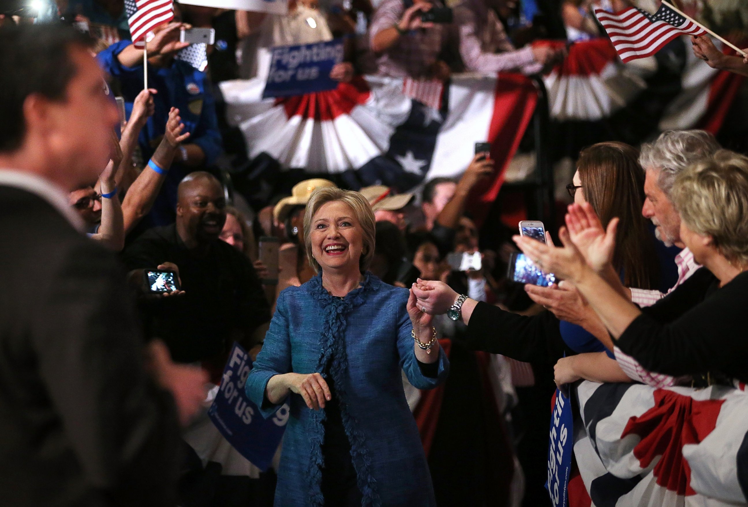 PHOTO: Democratic presidential candidate Hillary Clinton greets supporters during her primary night gathering, March 15, 2016 in West Palm Beach, Florida. 