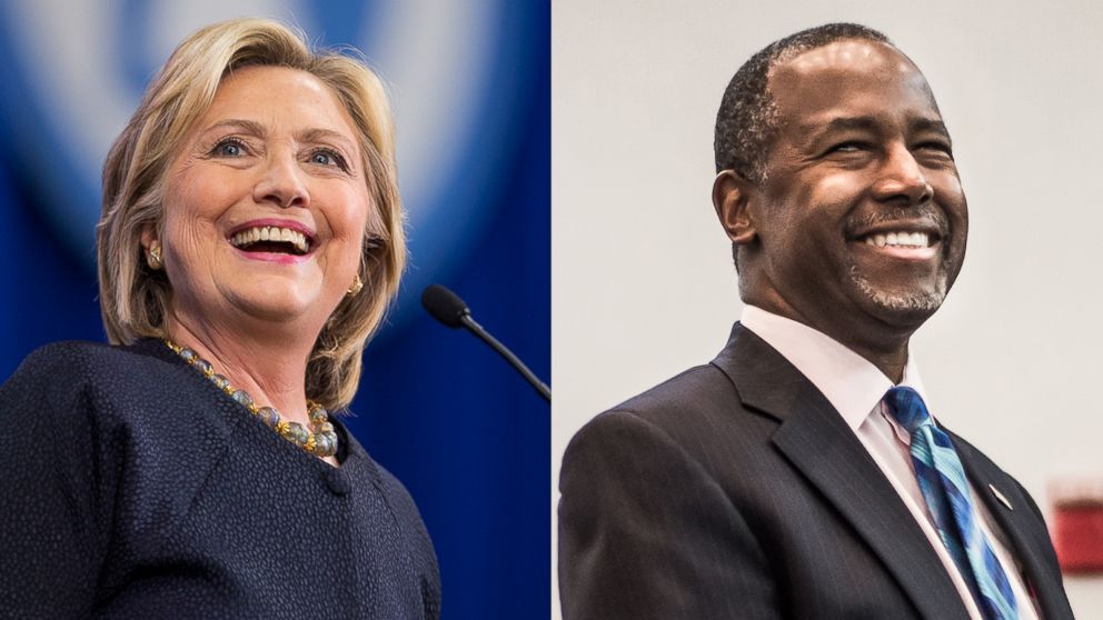 (L-R) Democratic presidential candidate Hillary Clinton in Manchester, N.H., Sept. 19, 2015. | Republican presidential candidate Ben Carson in Greenville, S.C., Sept. 18, 2015.