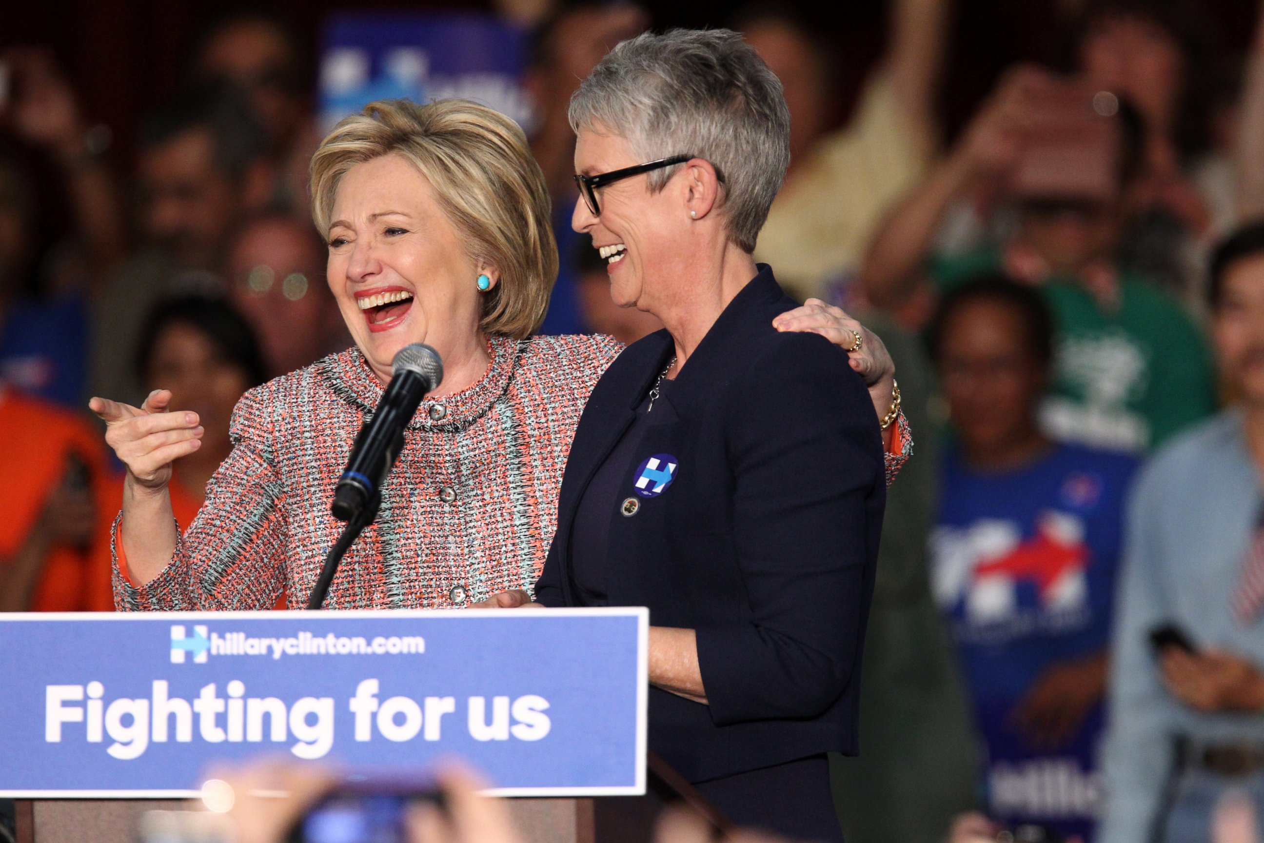 PHOTO:Democratic presidential candidate Hillary Clinton and actress Jamie Lee Curtis speak at an event at the UFCW Union Local 324, May 25, 2016, in Buena Park, Calif. 