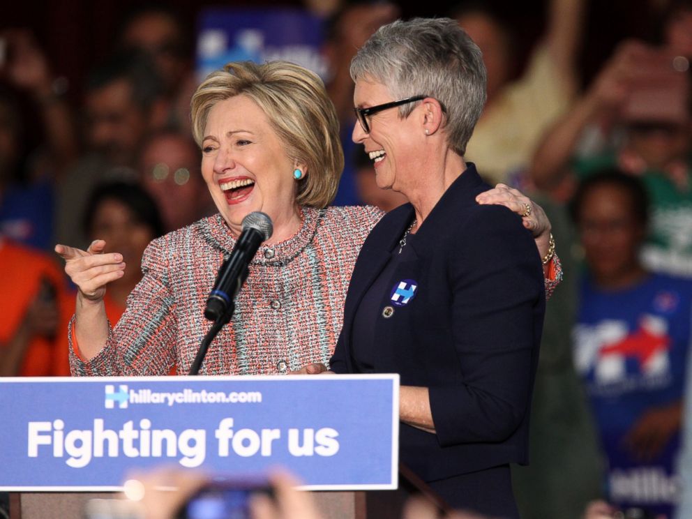 PHOTO:Democratic presidential candidate Hillary Clinton and actress Jamie Lee Curtis speak at an event at the UFCW Union Local 324, May 25, 2016, in Buena Park, Calif.