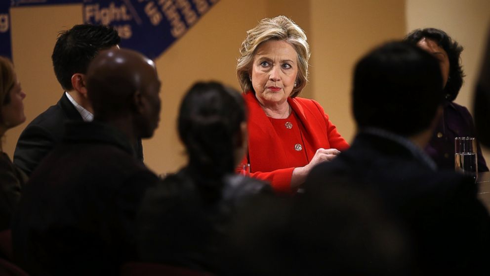 Democratic presidential candidate former Secretary of State Hillary Clinton looks on during a roundtable discussion at the New York Immigrant Action Fund, April 13, 2016 in New York. 