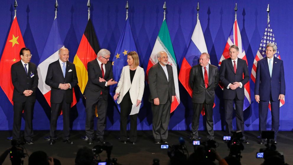 World leaders meet following an announcement on the Iran nuclear talks, April 2, 2015, in Lausanne, Switzerland.