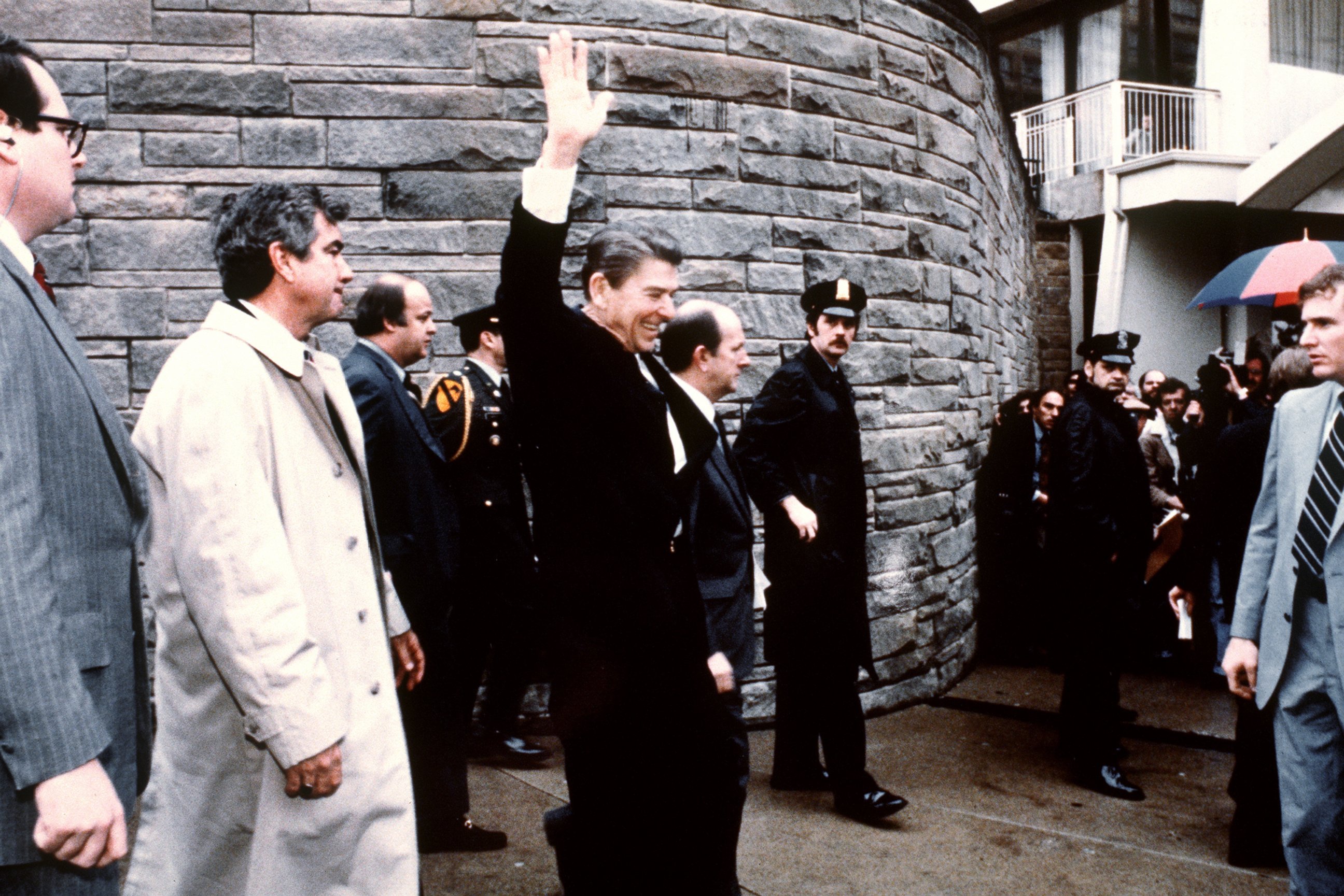 PHOTO:This photo taken by presidential photographer Mike Evens on March 30, 1981 shows President Ronald Reagan waving to the crowd just before the assassination attempt on him, after a conference outside the Hilton Hotel in Washington, D.C.