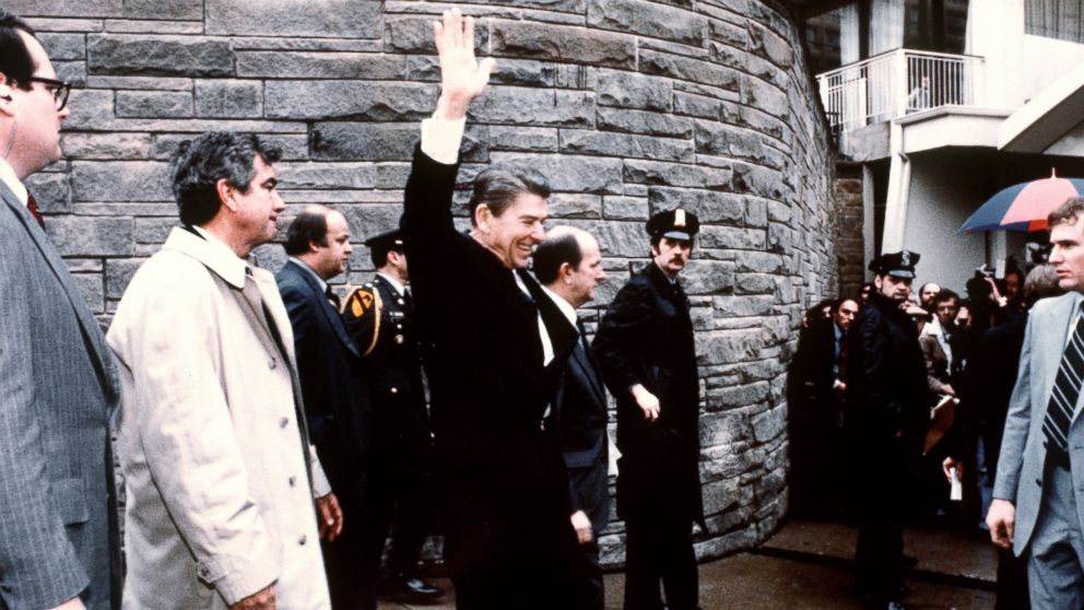 PHOTO:This photo taken by presidential photographer Mike Evens on March 30, 1981 shows President Ronald Reagan waving to the crowd just before the assassination attempt on him, after a conference outside the Hilton Hotel in Washington, D.C.