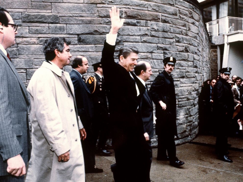 PHOTO:This photo taken by presidential photographer Mike Evens on March 30, 1981 shows President Ronald Reagan waving to the crowd just before the assassination attempt on him, after a conference outside the Hilton Hotel in Washington, D.C.