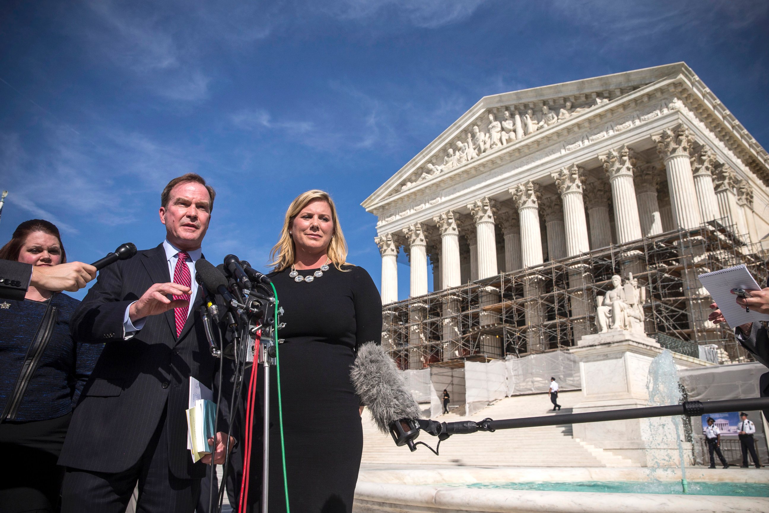 PHOTO: Michigan Attorney General Bill Schuette and Jennifer Gratz, CEO of XIV Foundationspeak, speak during a press conference outside the Supreme Court, Oct. 15, 2013, in Washington.