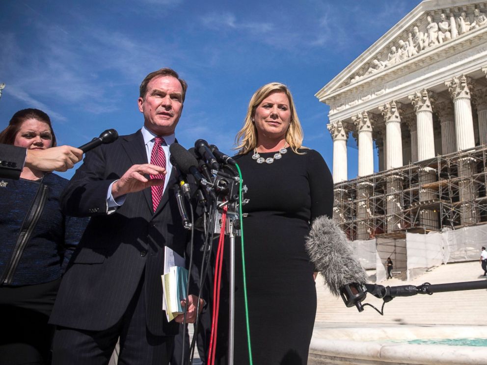 PHOTO: Michigan Attorney General Bill Schuette and Jennifer Gratz, CEO of XIV Foundationspeak, speak during a press conference outside the Supreme Court, Oct. 15, 2013, in Washington.