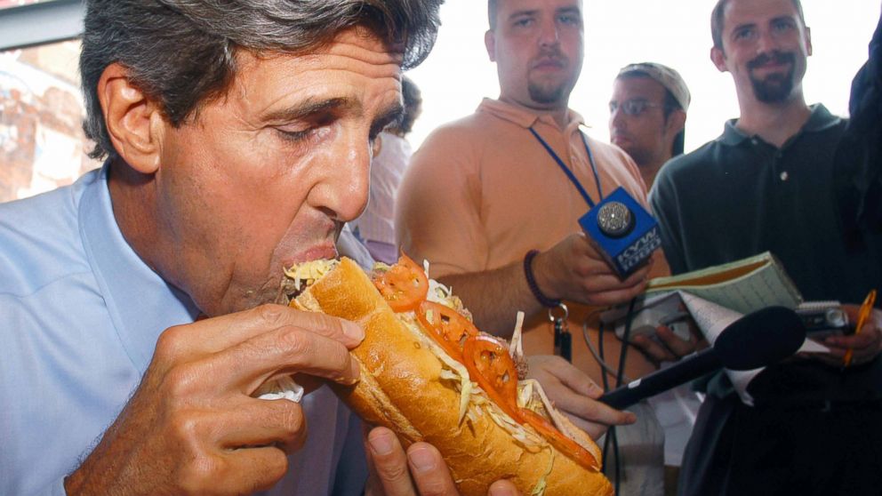 PHOTO: Sen. John Kerry, Democratic candidate for president, eats a Philly cheesesteak during a campaign stop at Pat's King of Steaks, Aug. 11, 2003 in Philadelphia. 