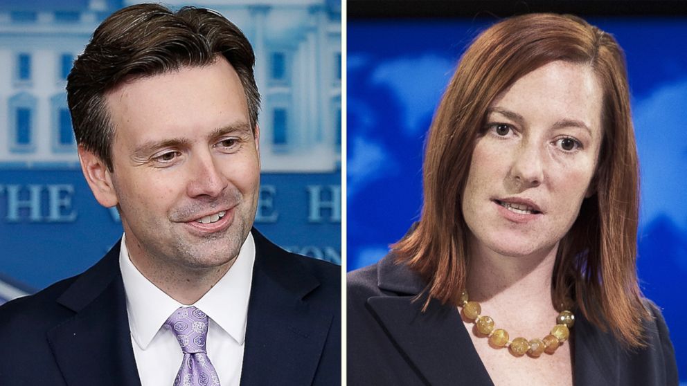Left, White House Press Secretary Josh Earnest answers questions during his daily briefing in Washington, DC; right, US Department of State Spokesperson Jen Psaki briefs reporters in the press briefing room at the Department of State in Washington, DC. 