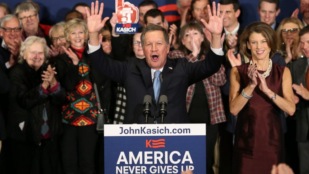 John Kasich speaks at a campaign gathering with supporters upon placing second place in the New Hampshire republican primary, Feb. 9, 2016, in Concord, N.H.  