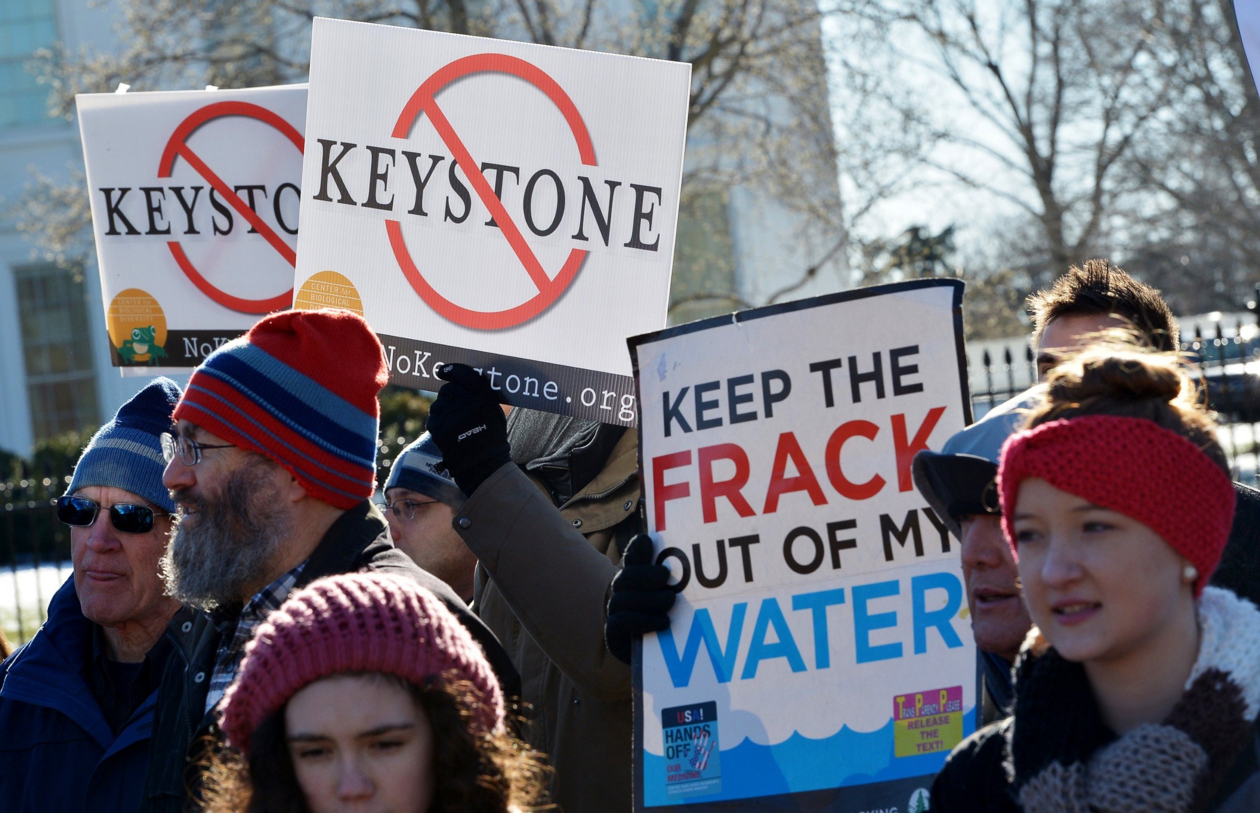 PHOTO: Demonstrators take part in a protest outside of the White House against the building of the proposed Keystone XL oil pipeline, Jan. 10, 2015, in Washington.