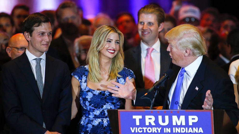 Jared Kushner, left, looks on as his wife Ivanka Trump smiles at her father Republican presidential front runner Donald Trump during his speech to supporters and the media at Trump Tower in Manhattan following his victory in the Indiana primary, May 3, 2016.